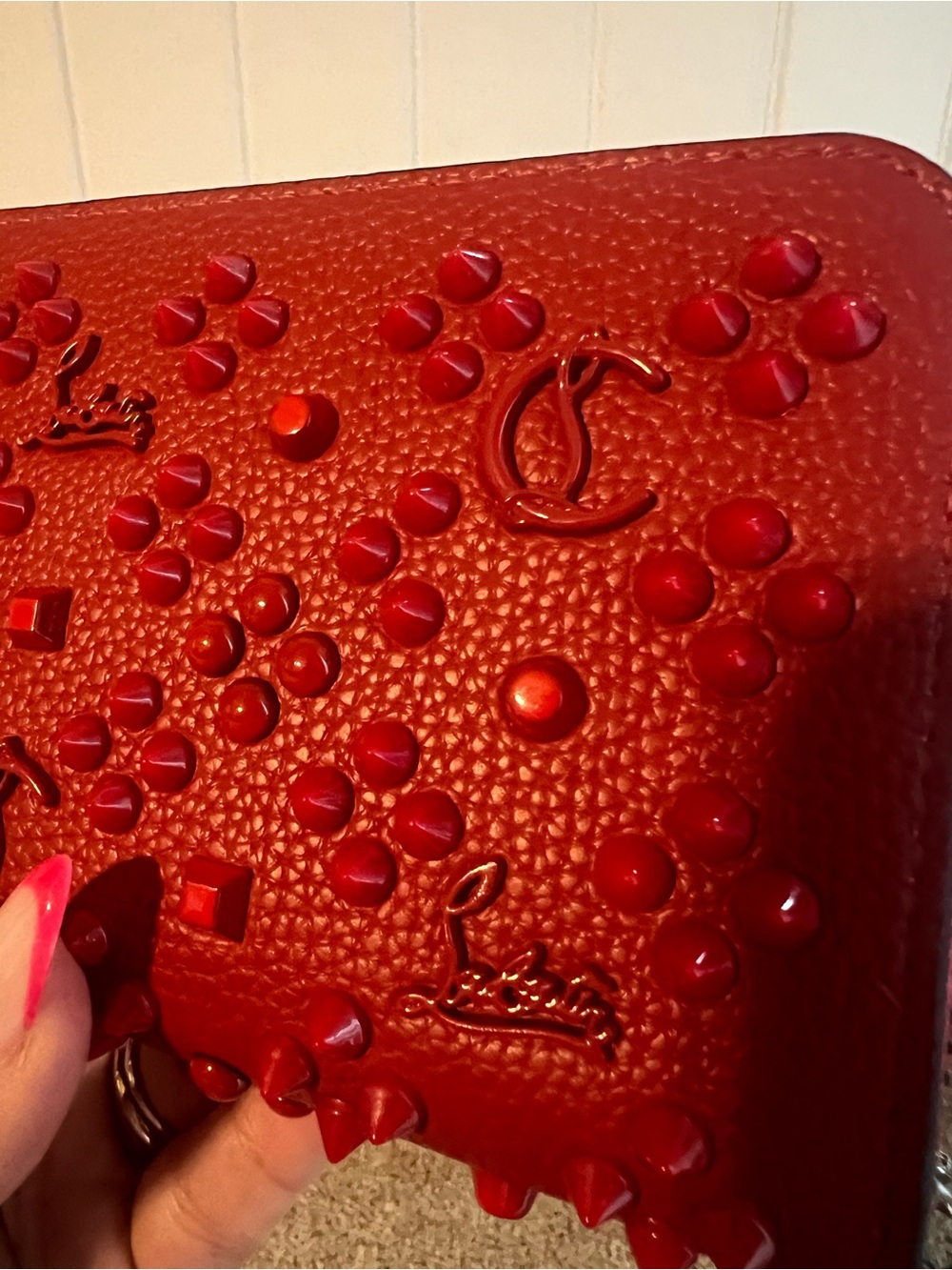 Christian Louboutin Red Pebbled Leather Studded Zip Wallet - Picture 3 of 11